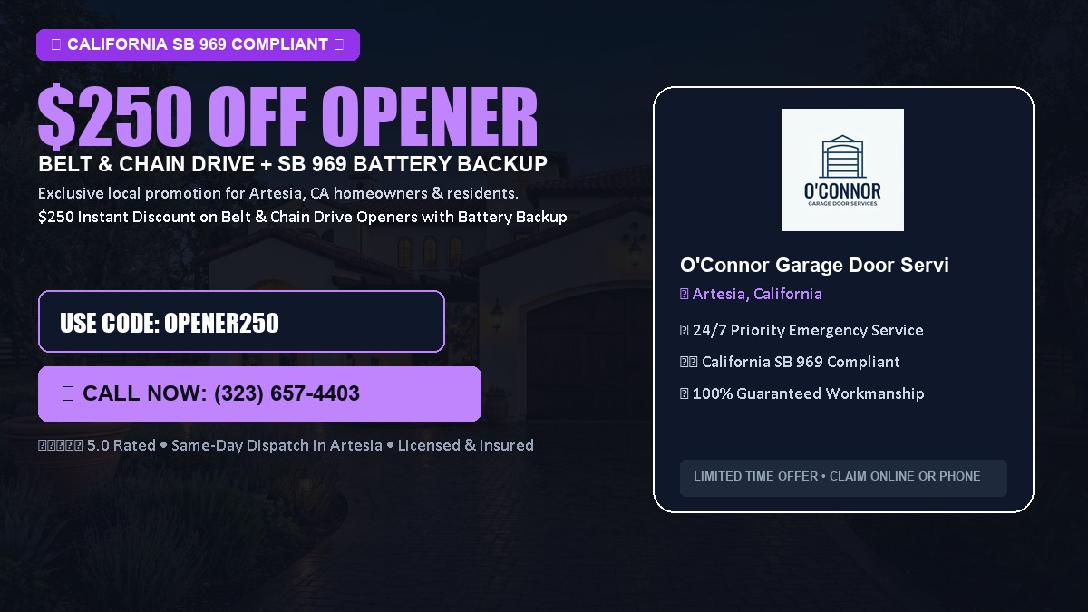 $250 OFF Smart Garage Door Opener Installation (Belt & Chain Drive with California SB 969 Battery Backup) in Artesia, CA